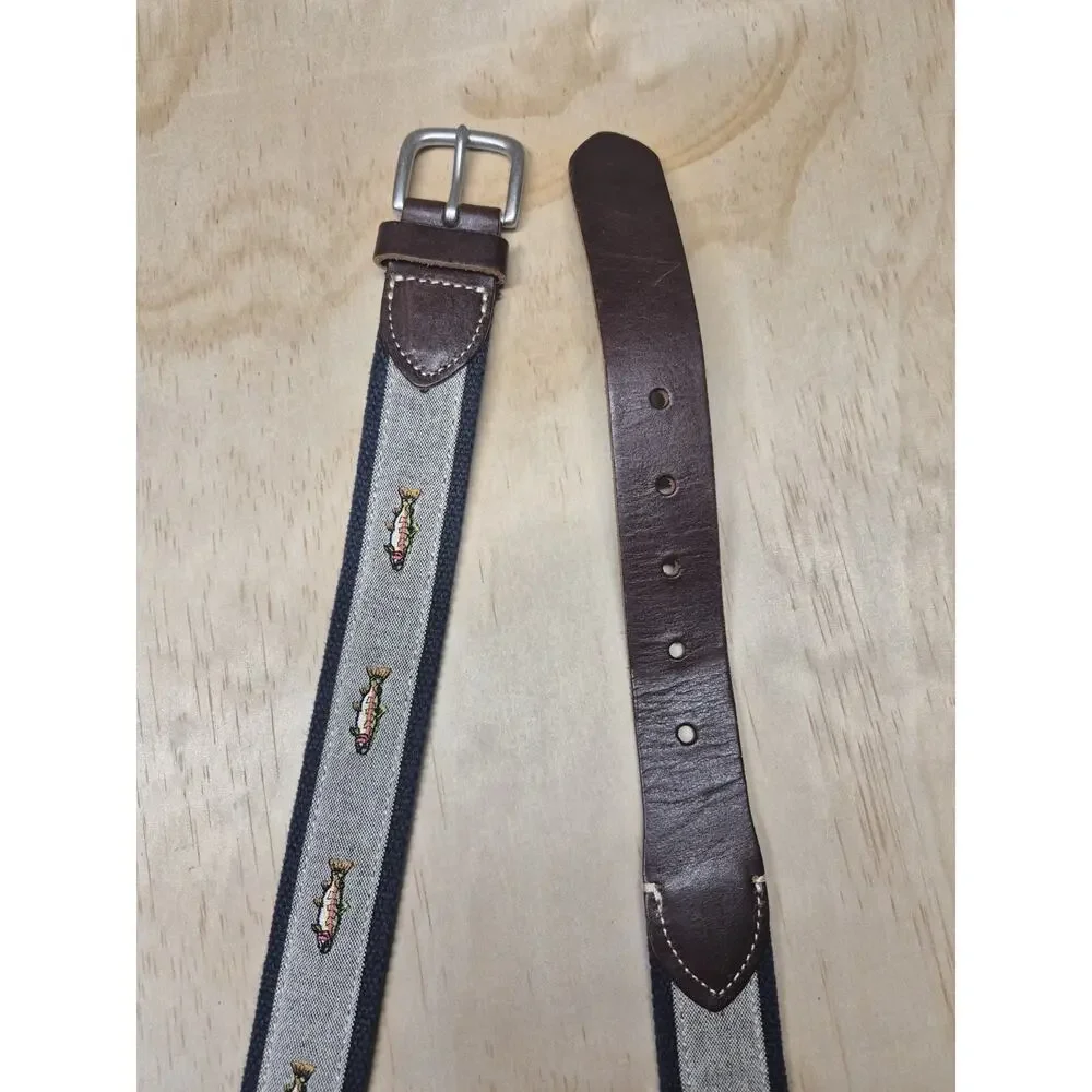 J.Crew Men’s 38 Fish Trout Embroidered Canvas & Leather Belt Navy/Brown Silver
